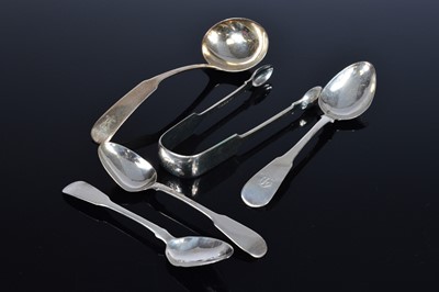 Lot 376 - Four Scottish silver spoons and a pair of Newcastle sugar tongs