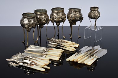 Lot 396 - A Georgian or Victorian set of twelve mother of pearl and silver plated dessert knives and forks