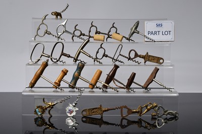 Lot 459 - A collection of corkscrews and bottle openers, with wooden handled and metal straight pulls, along with some novelty ones