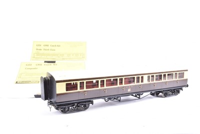 Lot 843 - Tenmille Products Gauge One GWR Coach and Three Unmade Tenmille Coach Kits (4)