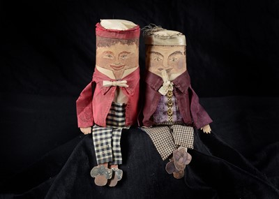 Lot 128 - A pair of late 19th century painted card and cloth characters, probably Tweedle Dee and Tweedle Dum