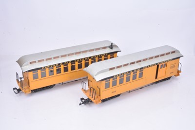 Lot 913 - Pair of Bachmann Gauge 1/G Scale Denver & Rio Grande Western yellow Old Time Coaches