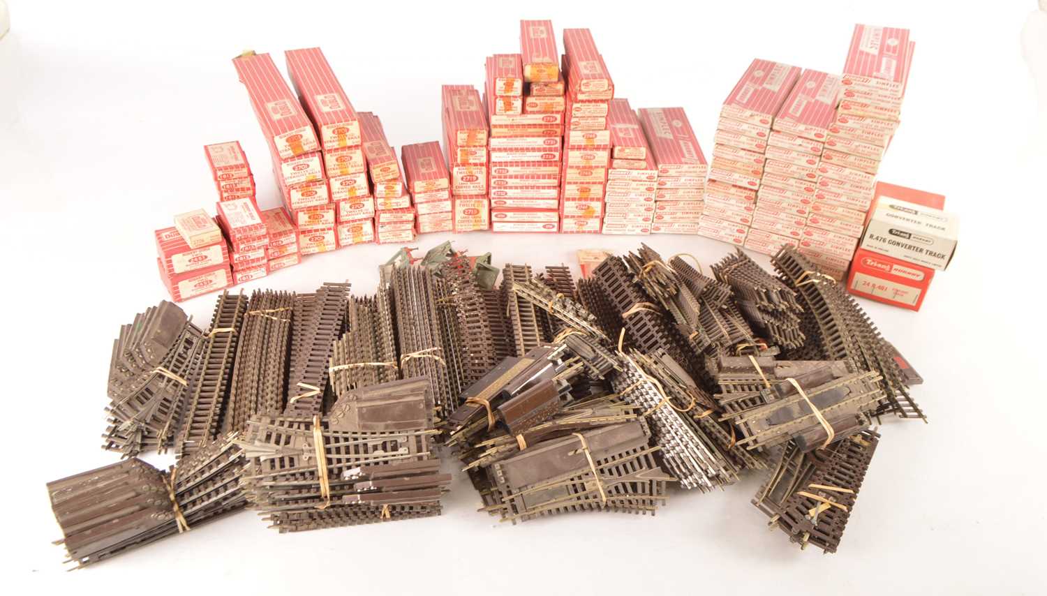 Lot 48 - Very large quantity of loose Hornby-Dublo 00 Gauge 2-Rail track and Points (240+) and 120+ empty track and accessory boxes (qty in two boxes)