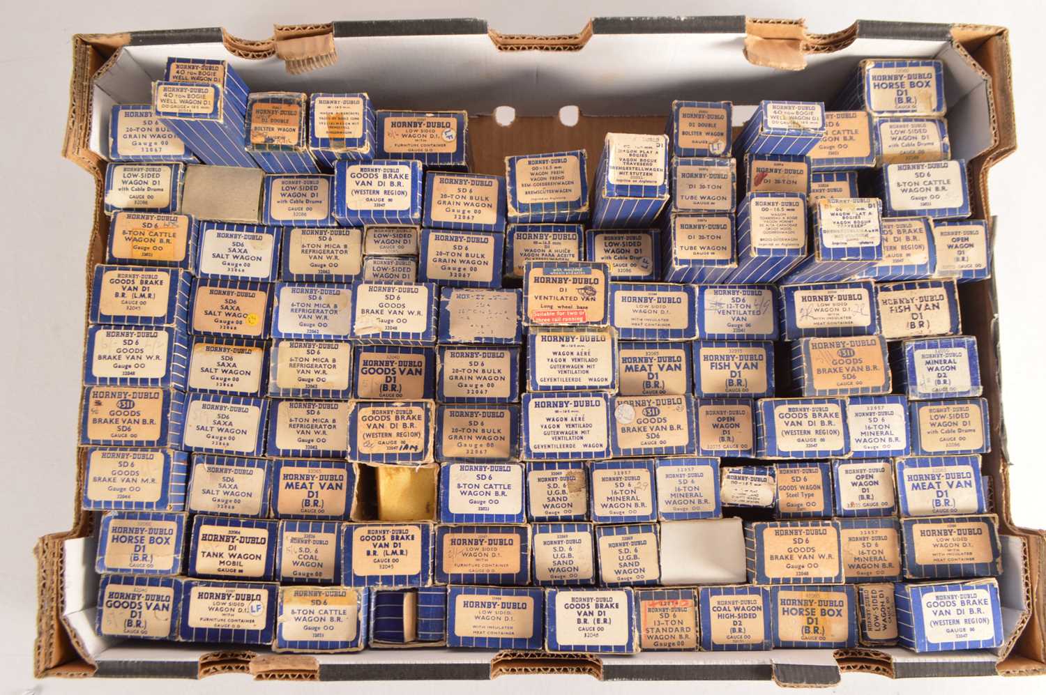 Lot 63 - Hornby-Dublo 00 Gauge 3-Rail boxed 3-Rail mostly BR Goods wagons many plastic bodied and suitable for 2-Rail in original blue striped boxes (90+)