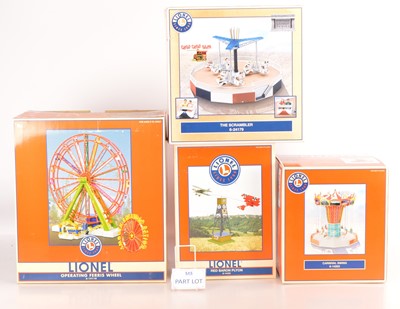 Lot 532 - Lionel 0 Gauge Display Case Carnival Rides Red Baron Pylon & a large quantity of vintage trackside accessories (qty)