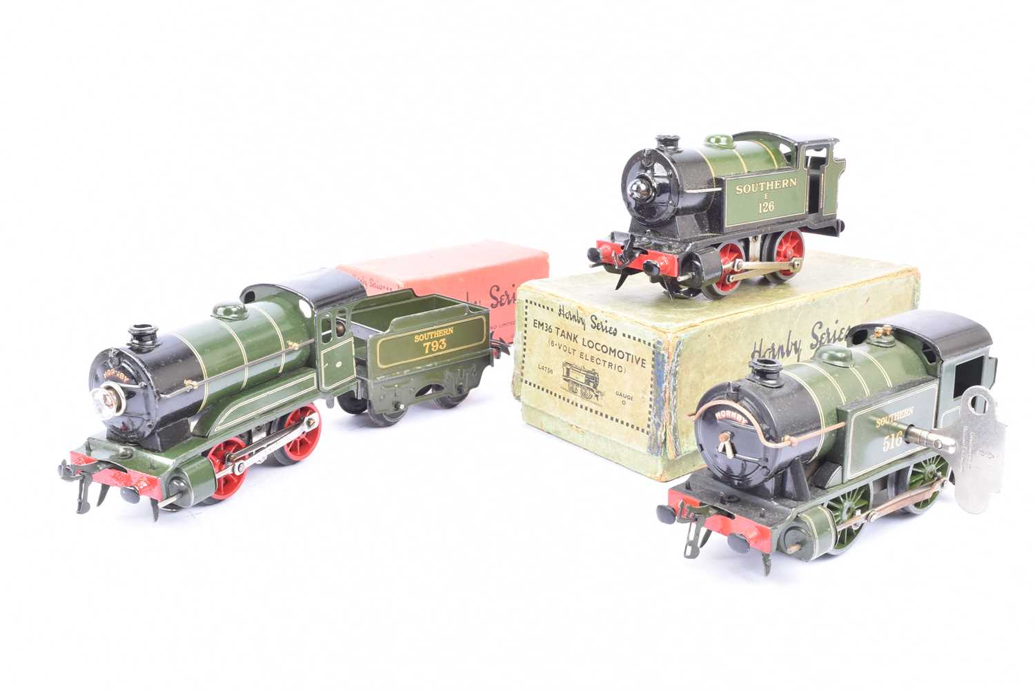 Lot 61 - Hornby 0 Gauge Electric and Clockwork SR green 0-4-0 Tank and Tender Locomotives