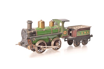 Lot 699 - Early Bing Gauge 1 0-4-0 tinprined Loco and Tender LSWR (London South Western Railway) green, lined in white, cream and red