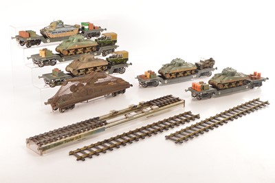 Lot 792 - Scratch built Gauge 1 group of GW Crocodile well wagons with military loads (9)