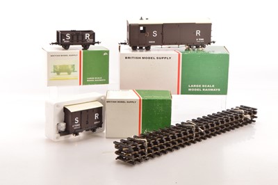 Lot 832 - Peco / Accucraft / British Model Supply 45mm L&B Wagons, Brake Van & track (4) 