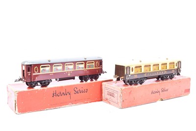 Lot 96 - Hornby 0 Gauge early LMS maroon Saloon and No 2 chocolate and cream Pullman Car