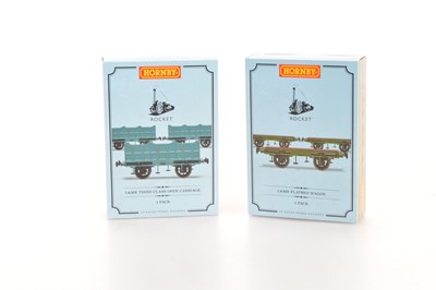 Lot 184 - Hornby (China) 00 Gauge boxed Rocket Liverpool & Manchester Railway Third Class Open Carriages and Flatbed Wagons Triple Packs (2 packs)