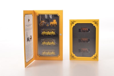 Lot 185 - Hornby (China) Railway Museum 00 Gauge boxed R3810 Rocket Liverpool & Manchester Railway Train Pack and R60164 Coal Wagon pack (2 packs)