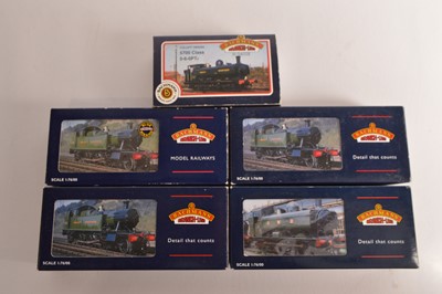 Lot 239 - Bachmann 00 Gauge boxed GWR green and BR black and green Class 45XX 2-6-2 Tank and Class 57XX and 8750  0-6-0 Panier Tanks (5)