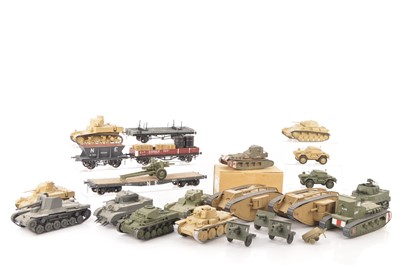 Lot 684 - Plastic Kit Built group of military vechicles and railway Flat trucks (30 plus)