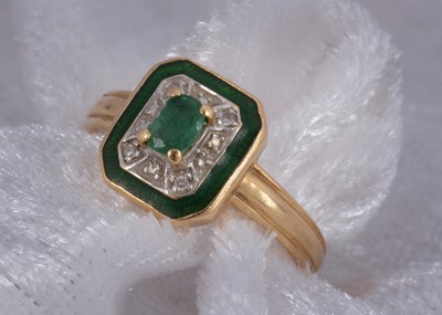 Lot 110 - An 18ct gold emerald and diamond enamel set dress ring