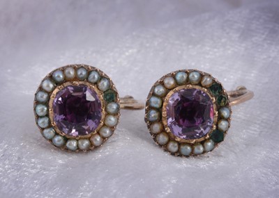 Lot 161 - A pair of amethyst and seed pearl loop earrings