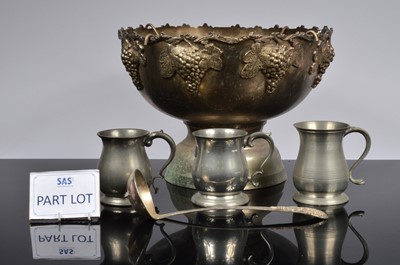 Lot 375 - A collection of 13 silver plated and pewter tankards and a large punch bowl and ladle