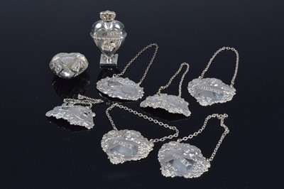 Lot 411 - A set of three silver decanter labels and other items