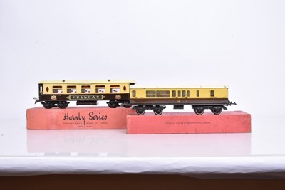 Lot 216 - Hornby 0 Gauge No 2 chocolate and cream Passenger and Pullman Coaches