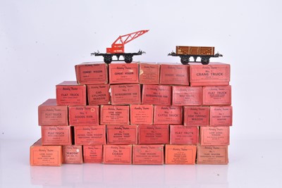 Lot 219 - Hornby 0 Gauge boxed post-war Hornby Trains 4-wheel Goods wagons and Passenger coaches