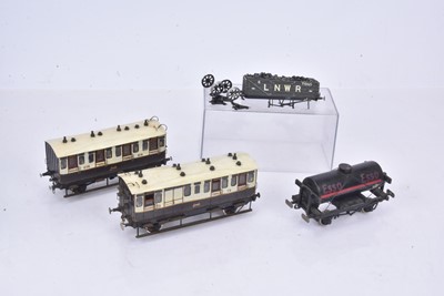 Lot 275 - LNWR 0 Gauge kit/scratchbuilt chocolate and off white Coaches and Goods Rolling Stock