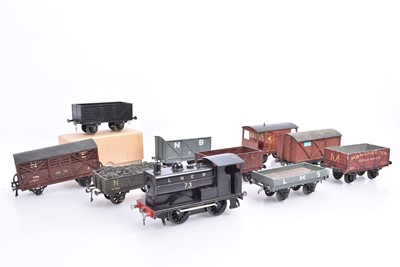 Lot 303 - Leeds 0 Gauge 3-Rail LNER black 0-4-0 saddle Tank Locomotive No 73 and Leeds or similar various Goods wagons