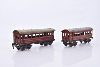 Lot 312 - Pair of Marklin 0 Gauge maroon Mitropa Coaches Spisewagens