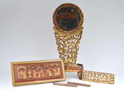 Lot 72 - A Chinese Gilt and Red painted Carved Mirror