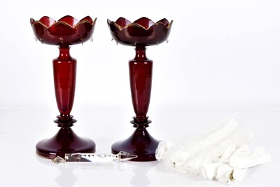 Lot 142 - A pair of Victorian Cranberry Glass Lustres