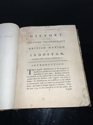 Lot 264 - British Indian Colonial History Robert Orme "A History of the Military Transactions of The British Nation in Indostan from the year MDCCXLV [1745]"