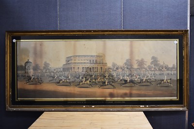 Lot 371 - A very large verre églomisé mounted aquatint "Panoramic view of British Horse racing. St Leger Stakes. 1812"