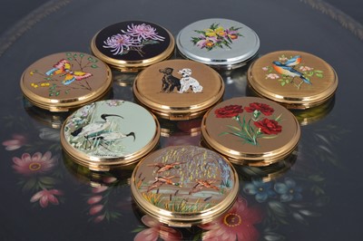 Lot 531 - Eight 1960s circular gilt metal, chromed and coloured enamel decorated Stratton compacts