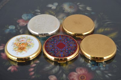Lot 545 - Six 1960s circular gilt metal and chromed coloured enamel decorated Stratton compacts