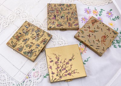 Lot 577 - Four square Le Rage gilt metal and coloured enamel decorated compacts