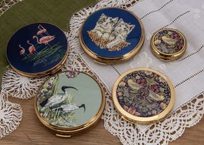 Lot 594 - Five circular 1950s and later gilt metal and coloured enamel decorated Stratton compacts