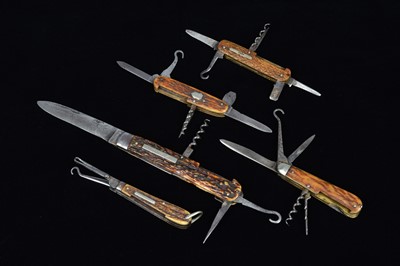 Lot 705 - A group of five vintage antler scale Multi-Tool/pocket knives