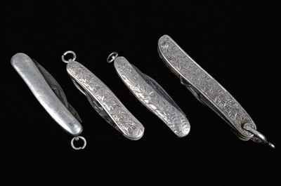 Lot 725 - A group of four Victorian silver hallmarked Pocket Knives/Multi-tools