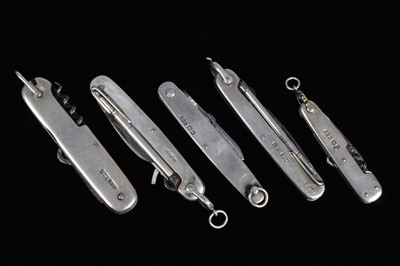 Lot 726 - A group of Five Brookes & Crookes Silver Hallmarked Pocket Knives/Multi-Tools