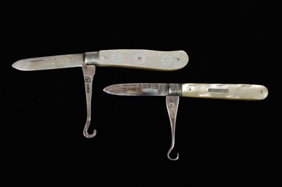 Lot 747 - Two Edwardian Silver and Mother of Pearl Pocket Knives/Button Hooks