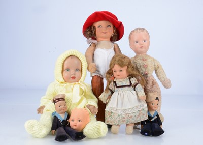 Lot 349 - Six British cloth and composition dolls