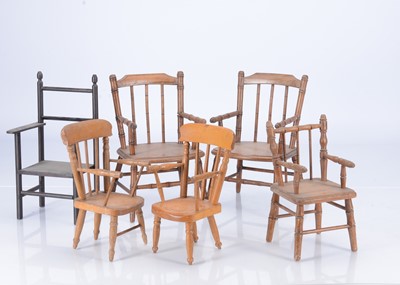 Lot 366 - Six wooden doll's chairs