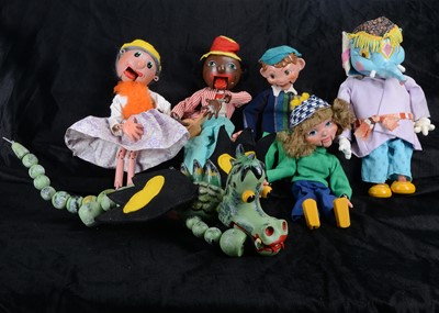 Lot 607 - Six Pelham Puppets wired joints possibly from a display