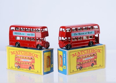 Lot 187 - Two scarce boxed Matchbox Lesney 5d Routemaster Bus Models