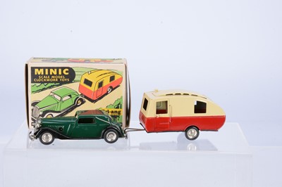 Lot 570 - A Tri-ang Minic Tinplate Clockwork Post-War Caravan & Vauxhall Cabriolet Set