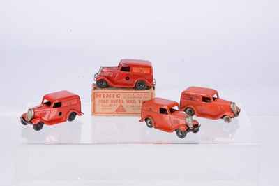Lot 597 - Tri-ang Minic Tinplate Clockwork 3M Pre & Post-War Ford Post Office Vans