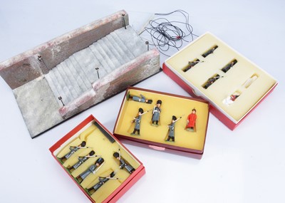 Lot 776 - Unique wood and plastic 'Ceremony of the Keys' diorama wired for lighting, with S & S Miniatures figures comprising Keyholder and accompanying Coldstream Guard Party (4)