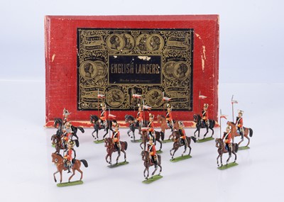 Lot 805 - Gebruder Heinrich Germany 48mm scale British Cavalry (13) in an original box marked 'ENGLISH LANCERS'