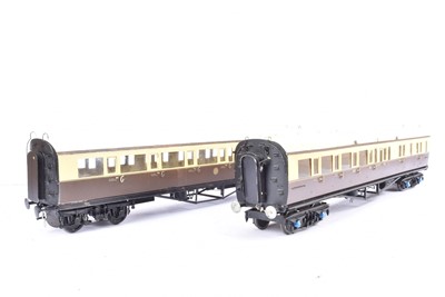 Lot 1015 - Pair of Gauge 1 kitbuilt GWR chocolate and brown bogie coaches by Tenmiille nad Perte Smith