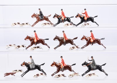 Lot 836 - Britains 'Full Cry' Hunt series figures comprising mounted female (3) and male (6) riders with hounds (14) and fox
