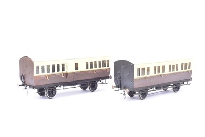 Lot 1016 - Pair of Gauge 1 Mercian kitbuilt  GWR brown and chocolate 4-wheel  coaches